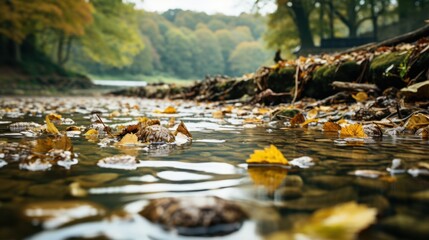 Fototapeta premium A serene forest stream with ice and autumn leaves floating on the water