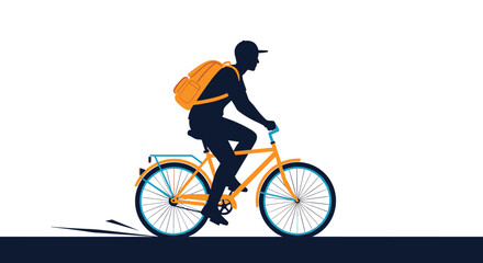 Fototapeta premium Dark silhouette of a delivery person riding a bicycle with a large orange backpack against a clean white background.