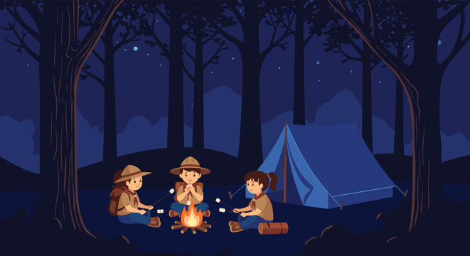 Young scouts sitting around a campfire in the woods at night roasting marshmallows near their tent under a starry sky.