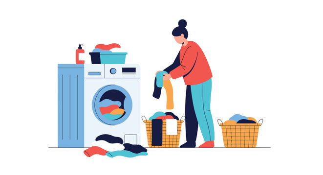 Hardworking woman putting dirty laundry into a washing machine with full baskets of clothes in a clean domestic laundry room.