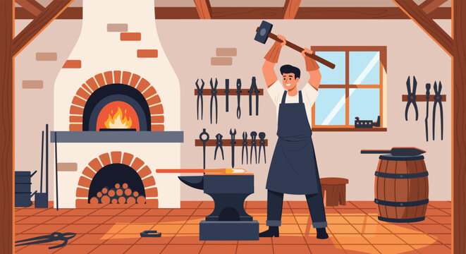 Skilled blacksmith working in his traditional forge using a heavy hammer to shape hot metal on an anvil near the furnace.