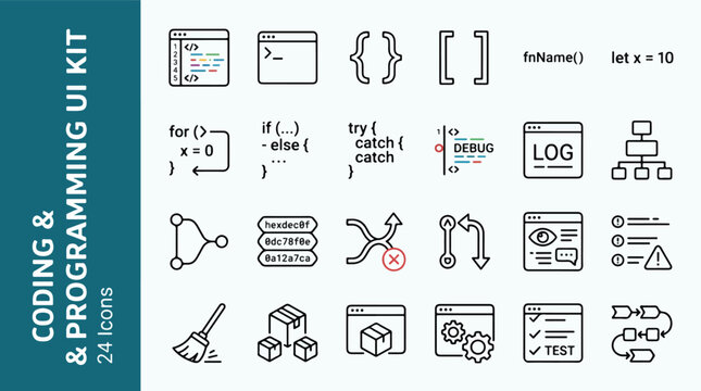 Coding and programming UI kit line icon set featuring software development, web design, computer code, script, algorithm, logic, debugging, testing, data structure, git, api, vector illustration.