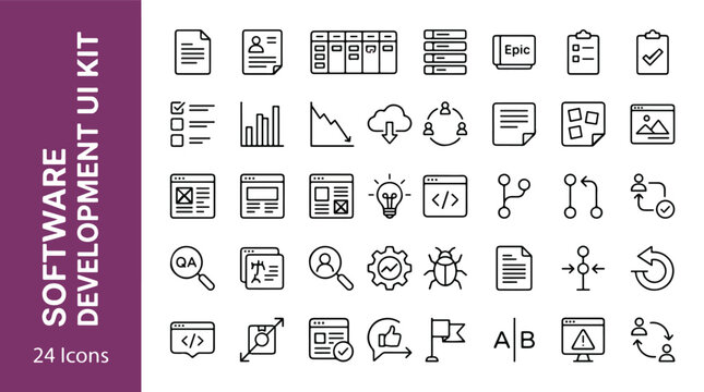 Software development UI kit line icon set featuring agile project management, programming, web design, kanban board, bug tracking, git branching, and coding vector symbols. Minimalist outline style.