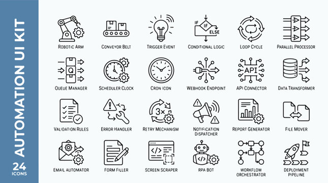 Automation UI kit line icon set featuring robotic arm, RPA bot, workflow orchestrator, API connector, cron scheduler, and deployment pipeline. Software development and business process symbols.