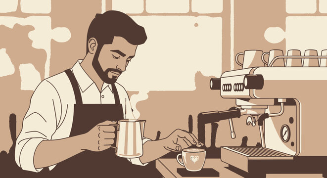 Barista making coffee with espresso machine vector illustration design