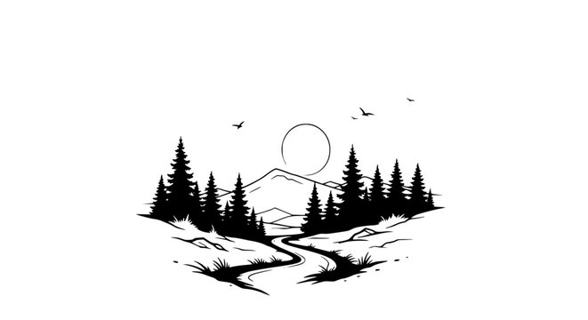 Minimalist Black and White Mountain Forest Landscape with Winding Path