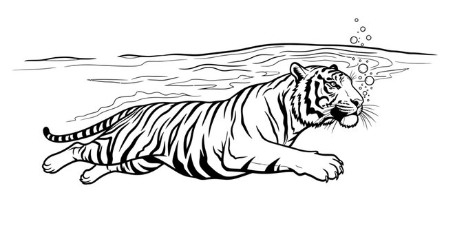 Black and white line art of tiger swimming underwater