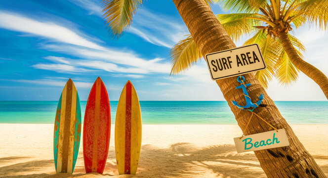 Colorful surfboards leaning in the sand on a tropical beach. A palm tree holds a Surf Area sign and anchor overlooking the turquoise ocean. Summer vacation concept, ideal for travel marketing.