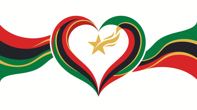 Vibrant heart illustration with star and flowing ribbons in red, black, green, and gold, symbolizing love and unity.