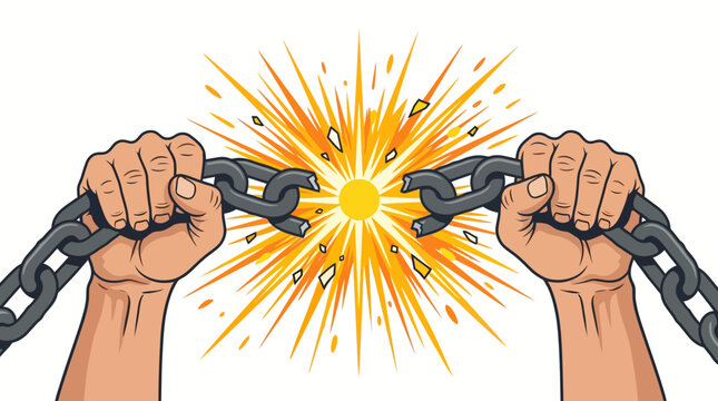 Two fists breaking free from chains with explosive force on a white background
