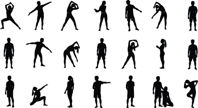 Set of black human silhouette poses and gestures isolated on white background for design and motion concepts