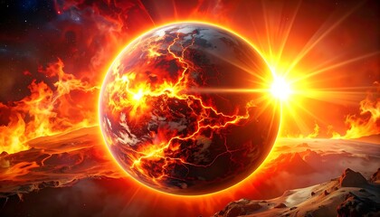 Obraz premium Apocalyptic Earth on Fire with Sun.