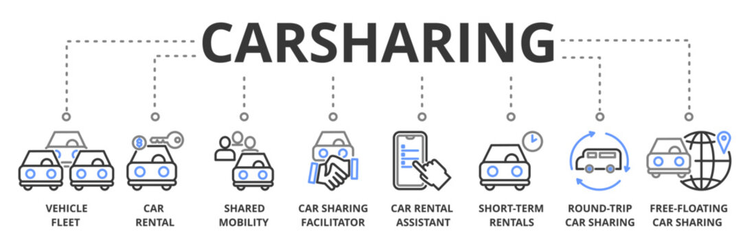 Car sharing banner vector illustration concept with icon of vehicle fleet, car rental, shared mobility, car sharing facilitator, car rental assistant, short time rentals, round trip car sharing