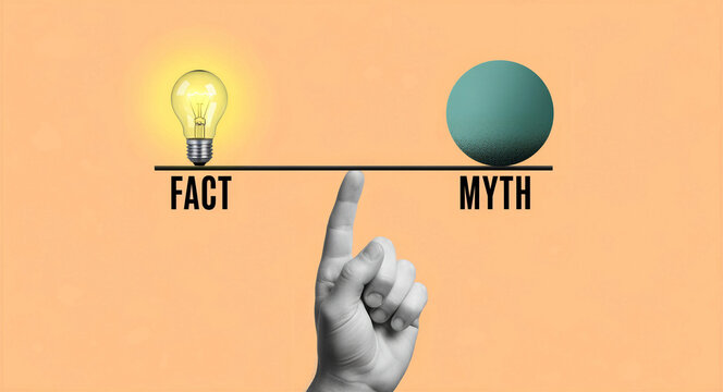 Hand balancing a beam with a lightbulb for fact and sphere for myth. Visualizing the contrast between truth and fiction. Information literacy concept for education and journalism marketing.