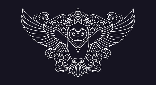 Decorative owl emblem with spread wings in monoline style