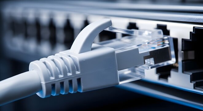 Grey ethernet network cable plugged into a switch port. Local area connection and high speed broadband. Internet patch cord connecting database servers in server room