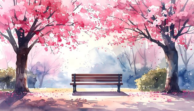 A serene park scene with a bench under blooming pink trees