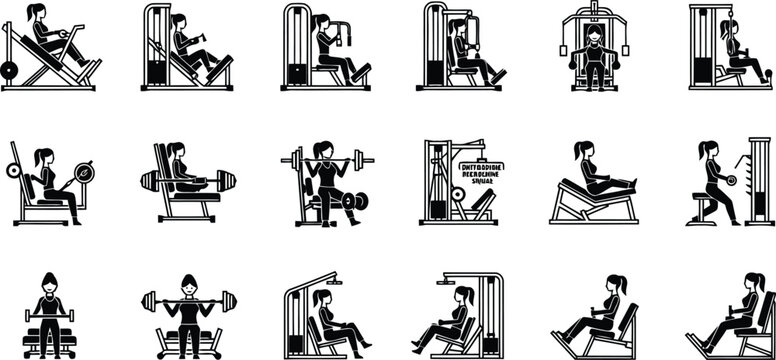 Set of black and white gym exercise machine icons with people working out on fitness equipment