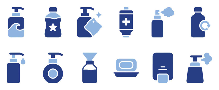 Set of hygiene and cleaning icons for sanitization and liquid soap dispensers