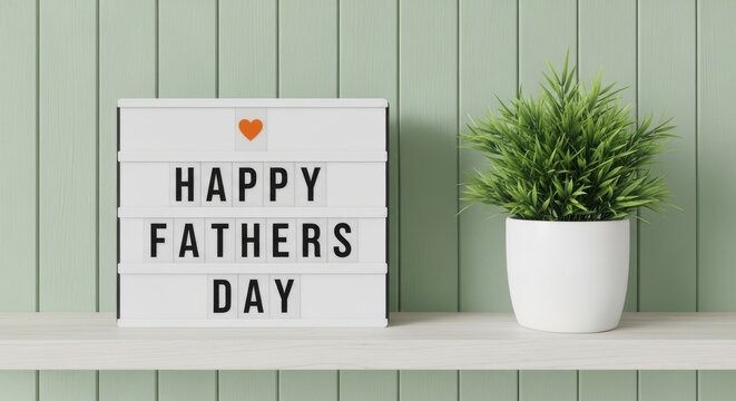 Happy fathers day message on a light box with a small plant on a shelf