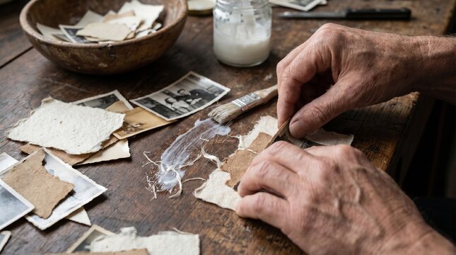 Close-up of elderly hands restoring vintage black and white photographs using white glue and a brush on a rustic wooden workshop table, nostalgic handmade craft concept