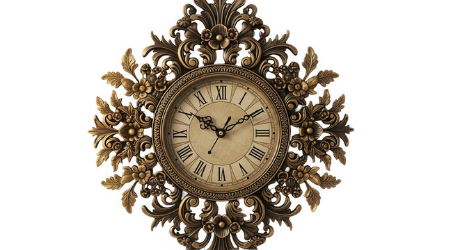 A large ornate clock with roman numerals on its face isolated on transparent background