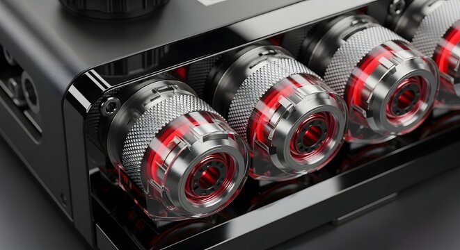 Close up of modern audio speaker binding posts with red glowing accents. High fidelity audio connection and sound system engineering. Industrial terminal knobs tightening on a panel