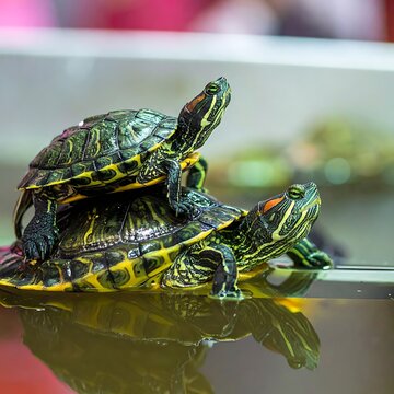 Two turtles stacked on each other.