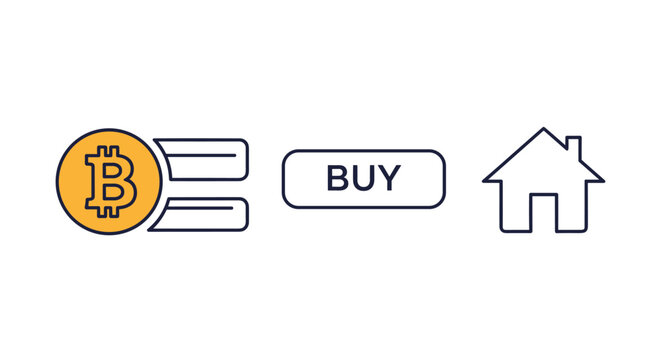 Cryptocurrency real estate investment concept showing a bitcoin symbol next to a buy button and a house icon.