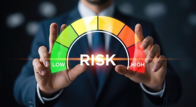 Businessman presenting a risk assessment gauge with low to high risk levels