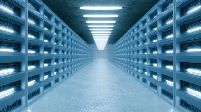 Bitcoin mining farm with endless rows of glowing servers, cyber finance technology scene