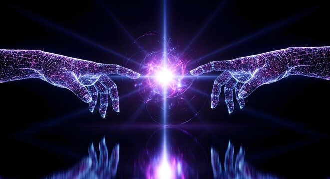 Two digital mesh hands reaching out to touch each other. Creation of digital artificial intelligence and cloud connectivity. Glowing virtual wireframe arms meeting at a bright central light explosion.