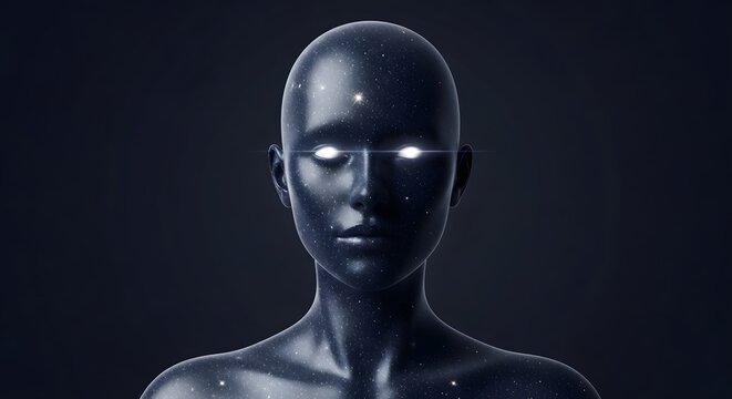 Galactic cosmic humanoid head with glowing eyes. Universal mind wisdom and deep learning artificial intelligence. Dark starry smooth mannequin bust symbolizing advanced futuristic consciousness.
