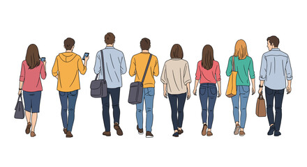 Obraz premium Group of diverse people seen from behind as they walk in a line together while carrying bags and using mobile technology.