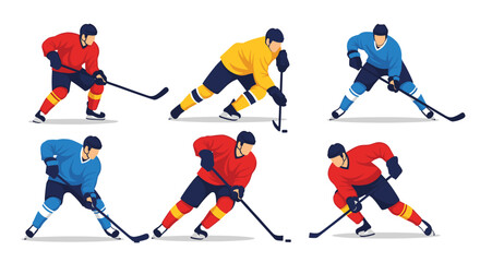Fototapeta premium Collection of professional ice hockey players in various dynamic poses and jerseys showing athletic competition on ice.