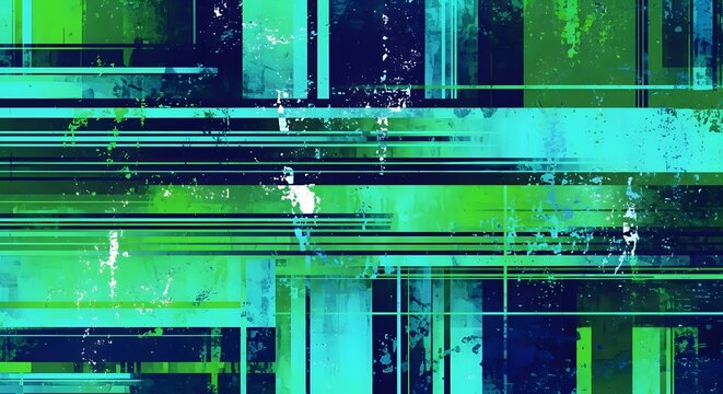 Abstract geometric glitch digital art background. Cyber security data breach and computer monitor failure. Grunge green and blue vertical and horizontal lines representing corrupted software system.