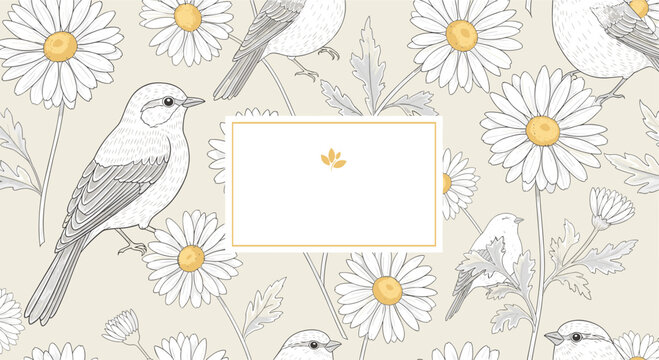 Delicate seamless pattern featuring hand drawn birds and daisies with a white frame for invitations and floral greeting cards.