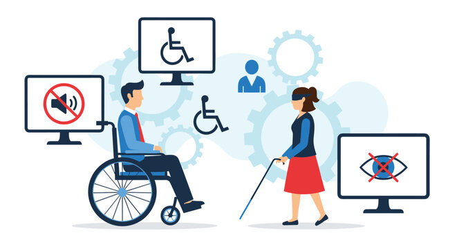 People with visual and mobility impairments using adaptive technologies and icons for accessibility and inclusive digital design.