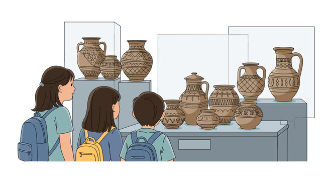 Group of curious young students with backpacks observing historical pottery artifacts displayed behind glass in a museum.
