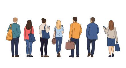 Fototapeta premium Group of diverse people standing in a line seen from the back view while waiting or walking in an urban setting.