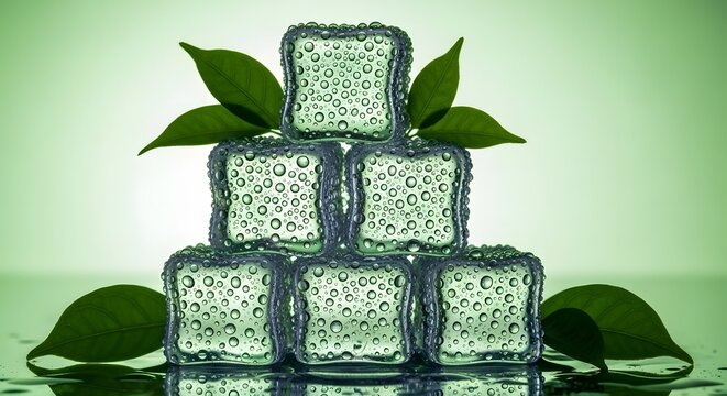 Pyramid stack of clear ice cubes with green mint leaves. Pure natural freshness and product showcase backdrop. Condensation water drops dripping down geometric wet blocks on shiny surface.