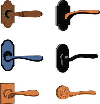Set of classic and modern door handle illustrations featuring various metal finishes and decorative backplate designs for architectural hardware concepts