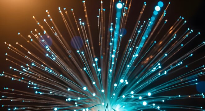 Glowing bundle of fiber optic cables bursting with blue light. High speed internet connection and telecommunication data transfer. Optical strands transmitting digital network signals.