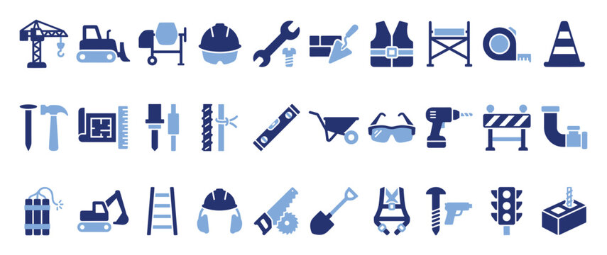 Set of construction and building industry tools equipment icons for engineering applications