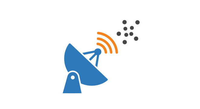 Blue satellite dish icon transmitting data signals on white background