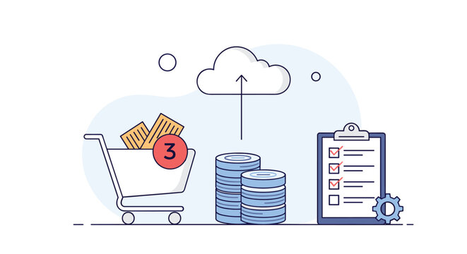 Comprehensive e-commerce graphic includes a shopping cart with items, stacks of coins, checklist, and cloud upload icon for transactions.