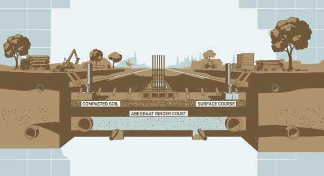 Road construction cross section diagram showing layers of asphalt and soil