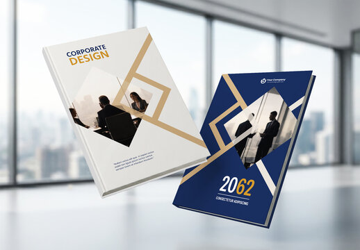 Business Report Cover Template &ndash; Gold and Blue Geometric Layout (A4)
