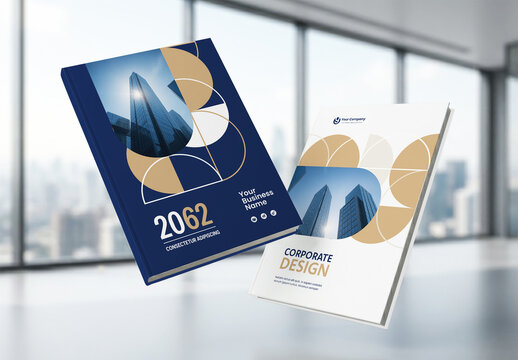 Business Report Cover Template &ndash; Gold and Blue Geometric Layout (A4)
