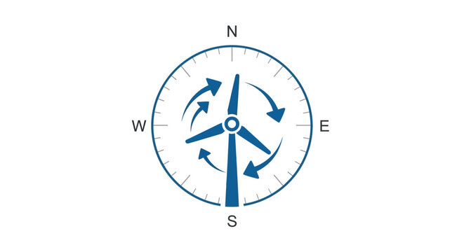 Blue wind turbine inside a compass with circular arrows
